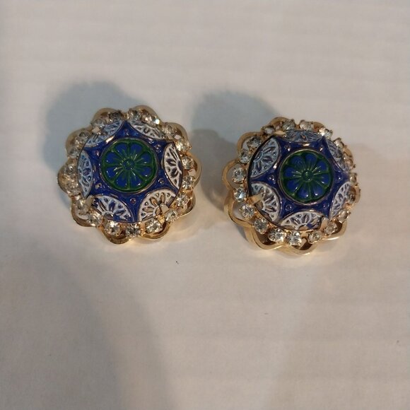 Vintage Mosaic Cabochon Earrings Blue Green White And Gold Tone - Picture 2 of 4